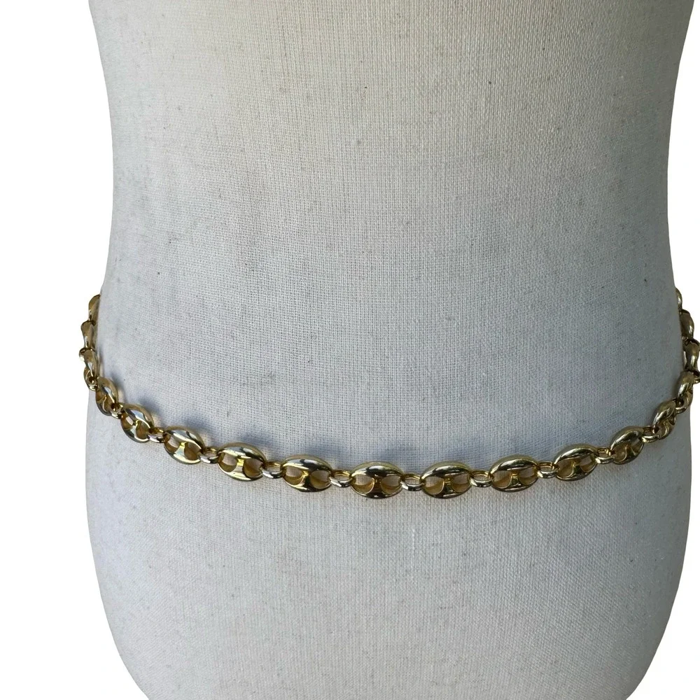 Vintage Y2K Glam Gold Tone Heart Charm Locket Dangle Link Chain Belt Adjustable